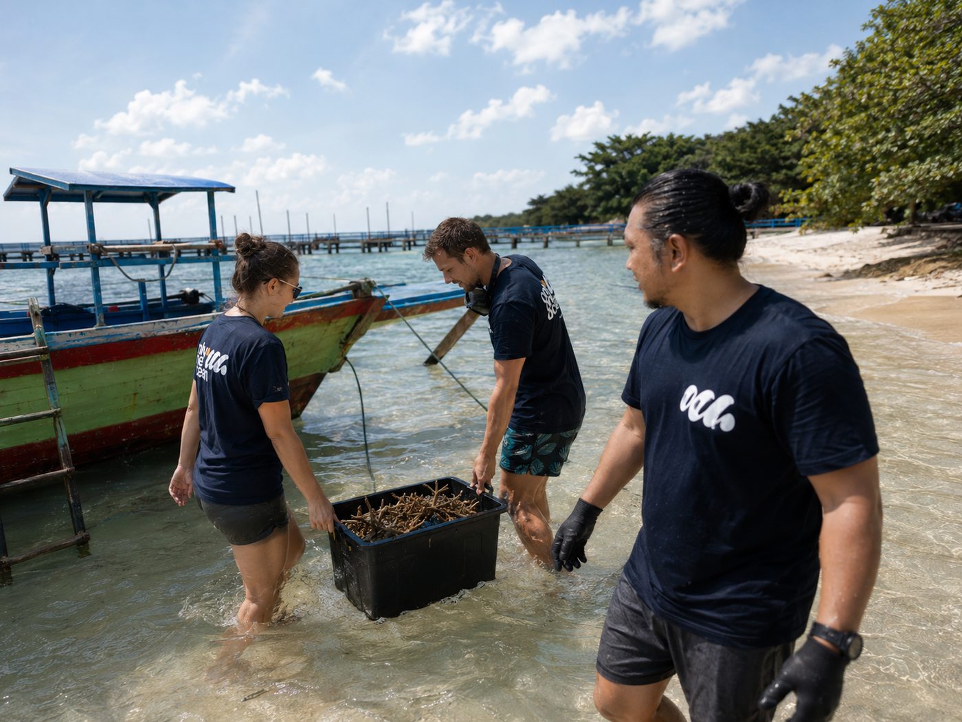 Three O3 team members wading through Belitung shallows carrying a black tray filled with staghorn coral fragments, colorful longboat and pier behind them, August 2025.